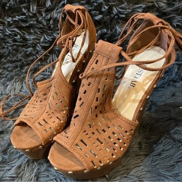 Ladies Just Fab Brown Cut out Wrap Around Studded Wedge - Picture 1 of 7